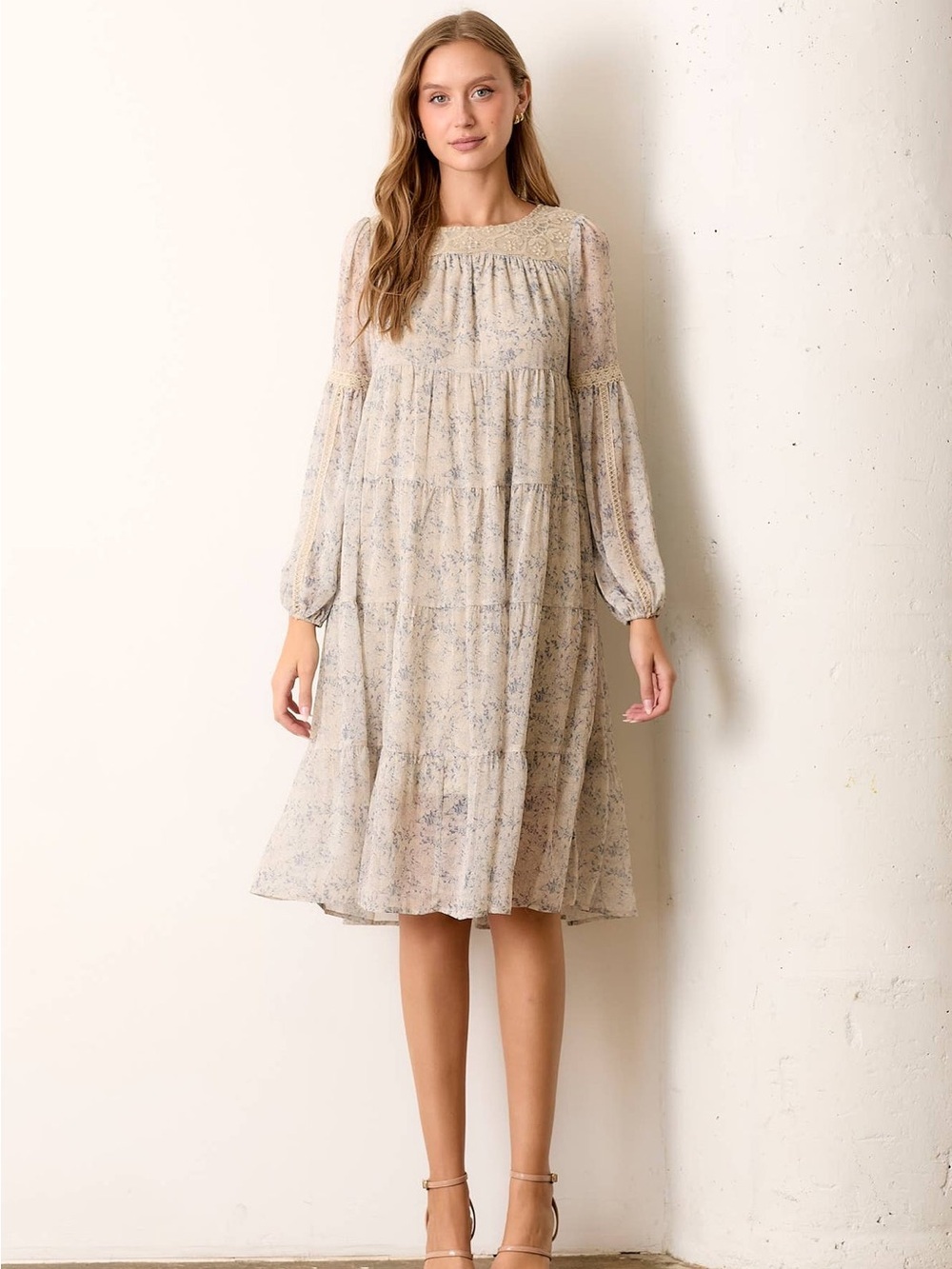 Polagram Cream Floral Lace-Trim Midi Dress